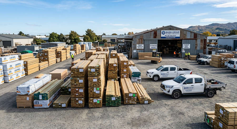 Baier Group Christchurch yard overview with timber packs and service vehicles
