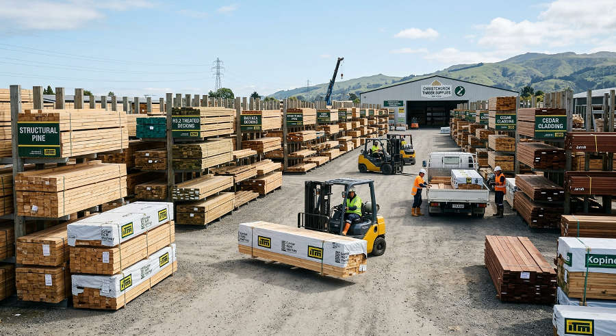 Timber lanes and forklifts working through the yard in Canterbury