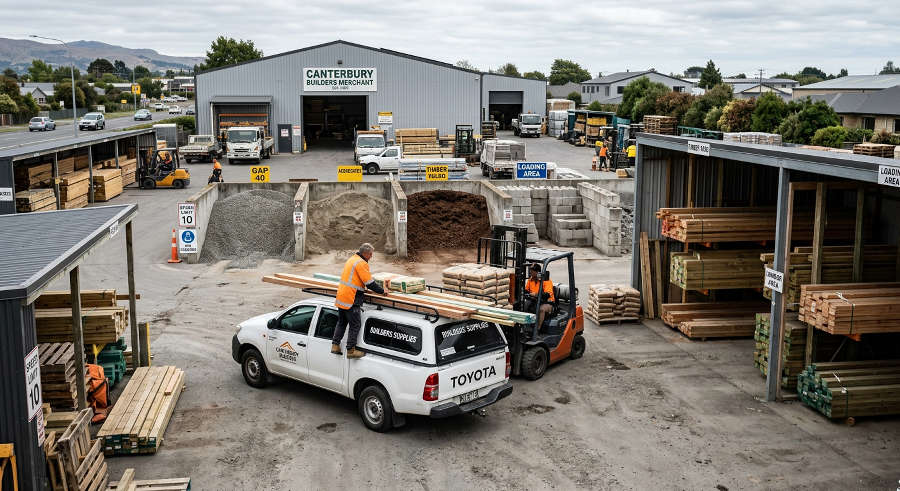 Busy Baier Group yard loading building supplies in Christchurch